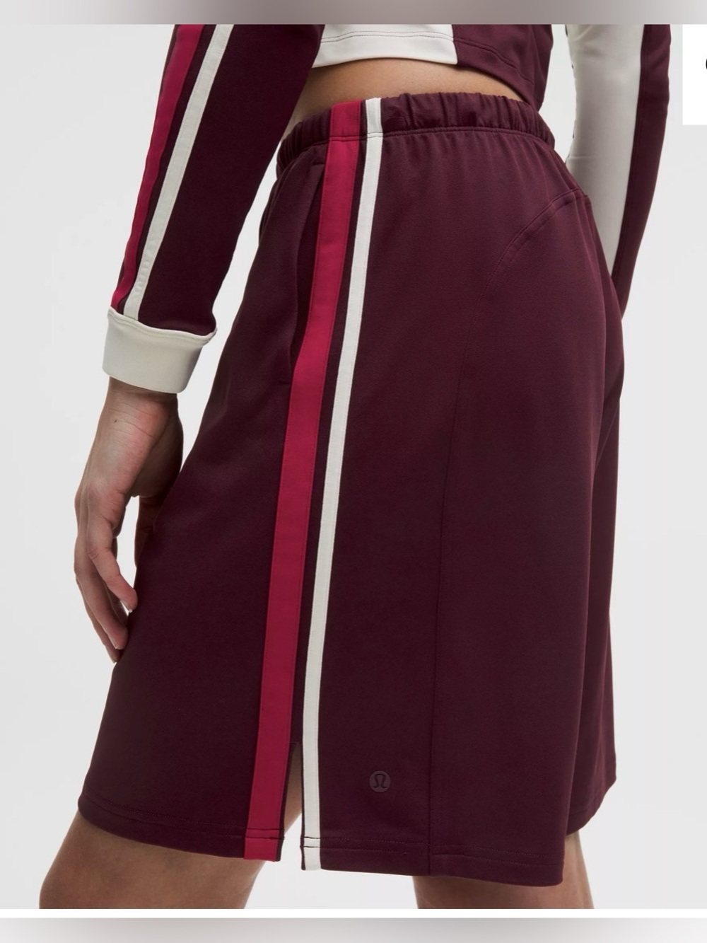 Lululemon Baggy Low Rise Track Shorts burgundy w/red & white side stripes NWT - Picture 3 of 12